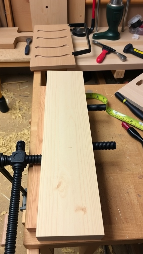 A 3-way clamp holding wood pieces together in a woodworking shop.